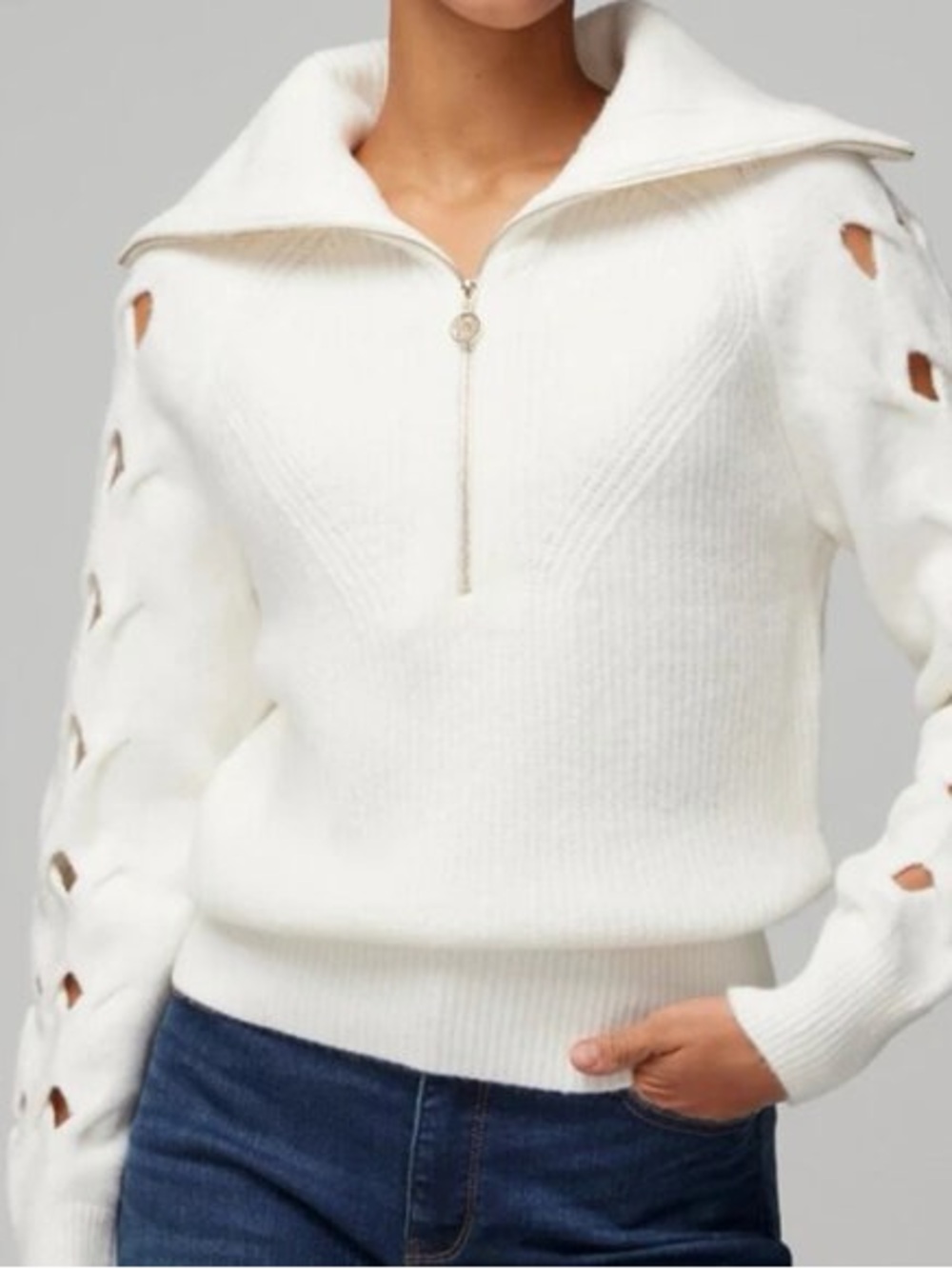 WHBM White Half-Zip Lace-Up Sleeve Sweater